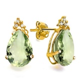 1.13 CT GREEN AMETHYST AND ACCENT DIAMOND 10KT SOLID YELLOW GOLD EARRING