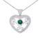 14k White Gold Heart Shaped Filigree Emerald and Diamond Pendant 0.29 CTW