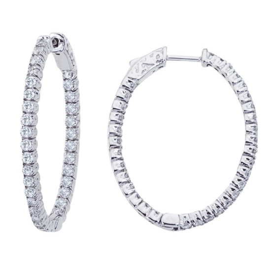 14K White Gold 1.98 Ct Diamond Oval Secure Lock Hoop Earrings