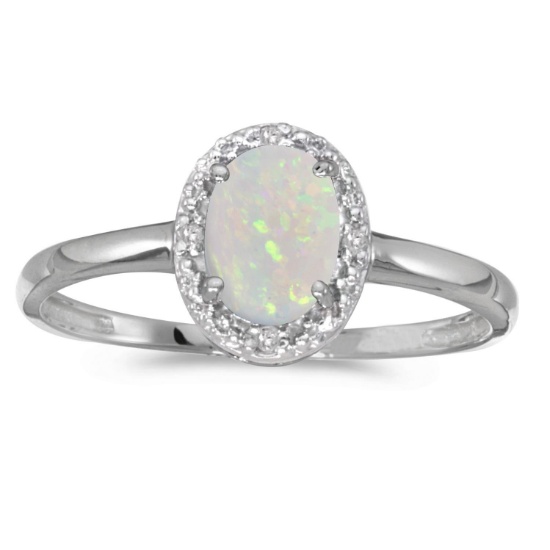 10k White Gold Oval Opal And Diamond Ring 0.27 CTW