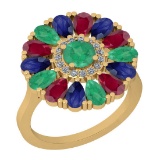 2.86 Ctw I2/I3 Emerald,Ruby,Blue Sapphire And Diamond 14K Yellow Gold Flower Ring