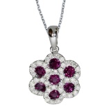 14k White Gold Round Ruby Flower Pendant