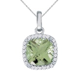 14k White Gold Cushion Cut Green Amethyst And Diamond pendant