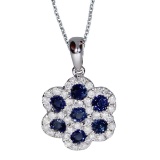 14k White Gold Round Sapphire Flower Pendant 0.92 CTW