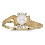 10k Yellow Gold Pearl And Diamond Satin Finish Ring 0.01 CTW