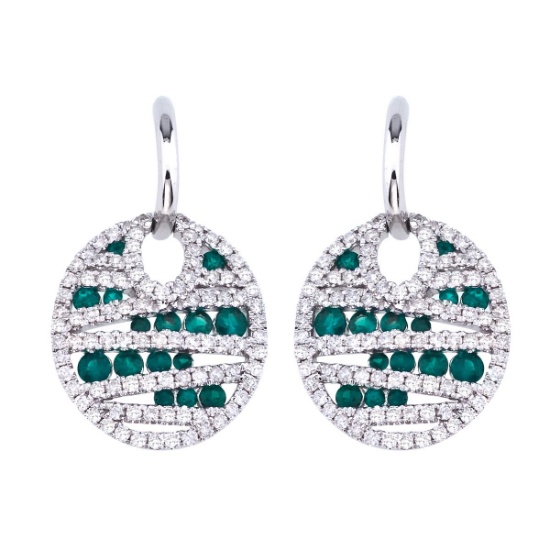 14k White Gold Emerald and Diamond Disc Earrings