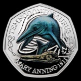 2021 Great Britain Silver Prf 50p Temnodontosaurus (Colorized)