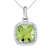 14k White Gold Cushion Cut Peridot And Diamond pendant