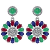 6.04 Ctw I2/I3 Emerald,Ruby,Blue Sapphire And Diamond 14K White Gold Earrings