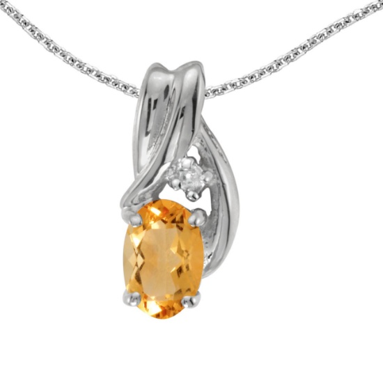 14k White Gold Oval Citrine And Diamond Pendant 0.32 CTW