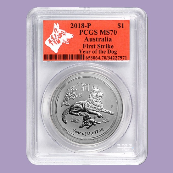 2018 Australia 1 oz Silver Lunar Dog MS-70 PCGS (FS, Red Label)