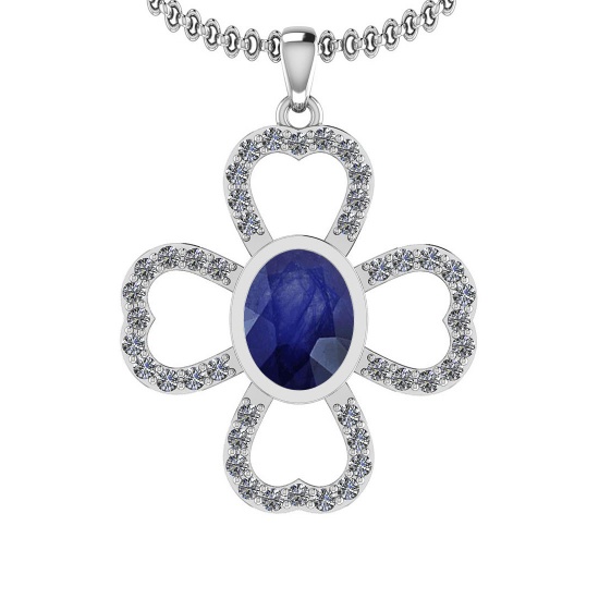 1.66 Ctw I2/I3 Blue Sapphire And Diamond 14K White Gold Necklace