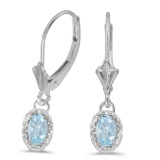 14k White Gold Oval Aquamarine And Diamond Leverback Earrings