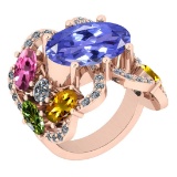 7.67 Ctw SI2/I1 Multi Sapphire,Tanzanite And Diamond 14K Rose Gold Cocktail Style Engagement Ring