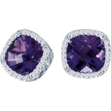 14k White Gold Cushion Cut Amethyst And Diamond Earrings