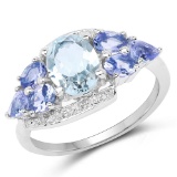 2.01 CTW Genuine Aquamarine and Tanzanite .925 Sterling Silver Ring