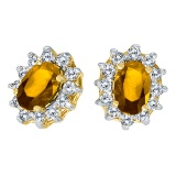 14k Yellow Gold Oval Citrine and .25 total CTW Diamond Earrings 0.85 CTW