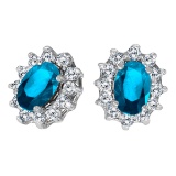 14k White Gold Oval Blue Topaz and .25 total CTW Diamond Earrings 1.05 CTW