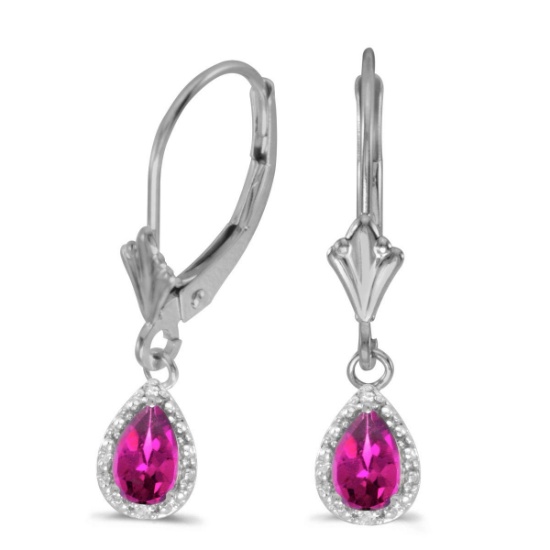 10k White Gold Pear Pink Topaz And Diamond Leverback Earrings 1.02 CTW