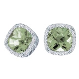 14k White Gold Cushion Cut Green Amethyst And Diamond Earrings