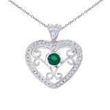 14k White Gold Heart Shaped Filigree Emerald and Diamond Pendant 0.29 CTW