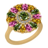 2.86 Ctw I2/I3 Multi Sapphire And Diamond 14K Yellow Gold Flower Ring