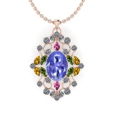12.10 Ctw SI2/I1 Multi Sapphire,Tanzanite And Diamond 14K Rose Gold Necklace