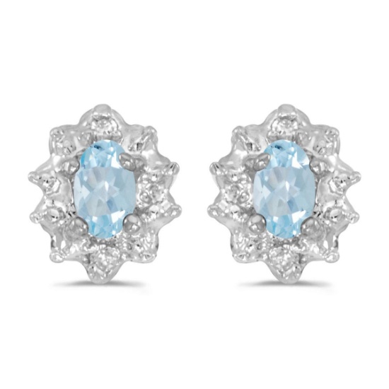 10k White Gold Oval Aquamarine And Diamond Earrings 0.29 CTW