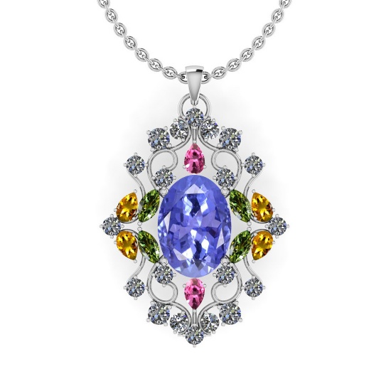 12.10 Ctw SI2/I1 Multi Sapphire,Tanzanite And Diamond 14K White Gold Necklace