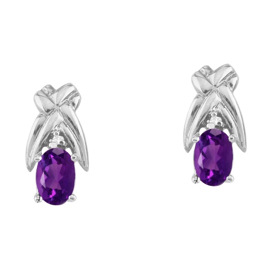 14k White Gold 6x4 mm Amethyst and Diamond Oval Shaped Earrings 0.66 CTW