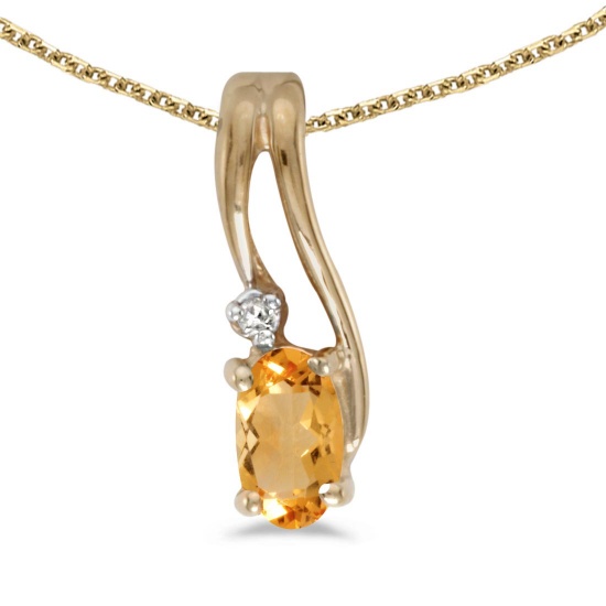 14k Yellow Gold Oval Citrine And Diamond Wave Pendant