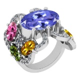 7.67 Ctw SI2/I1 Multi Sapphire,Tanzanite And Diamond 14K White Gold Cocktail Style Engagement Ring