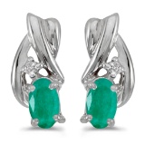 14k White Gold Oval Emerald And Diamond Earrings 0.34 CTW