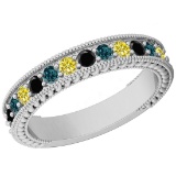 0.98 Ctw I2/I3 Multi Treated Fancy yellow,Blue,Black diamond 14K White Gold Filigree Style Band Ring