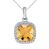 14K White Gold Citrine Cushion Pendant with Diamonds 1.59 CTW