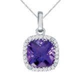 14k White Gold Cushion Cut Amethyst And Diamond pendant