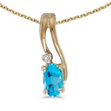 14k Yellow Gold Oval Blue Topaz And Diamond Wave Pendant