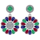 6.04 Ctw I2/I3 Emerald,Ruby,Blue Sapphire And Diamond 14K White Gold Earrings