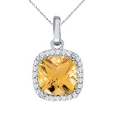14k White Gold Cushion Cut Citrine And Diamond pendant