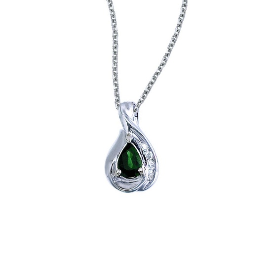 14k White Gold Pear Emerald and Diamond Pendant