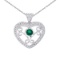 14k White Gold Heart Shaped Filigree Emerald and Diamond Pendant 0.29 CTW