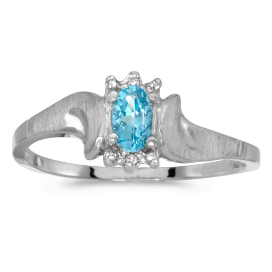 14k White Gold Oval Blue Topaz And Diamond Satin Finish Ring 0.2 CTW