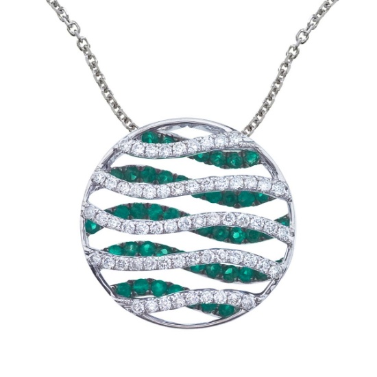 14k White Gold Emerald and Diamond Wave Pendant 1.53 CTW