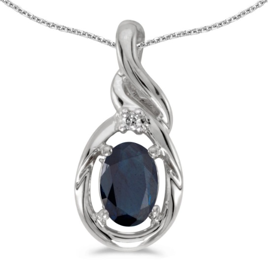 14k White Gold Oval Sapphire And Diamond Pendant 0.4 CTW