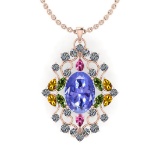 12.10 Ctw SI2/I1 Multi Sapphire,Tanzanite And Diamond 14K Rose Gold Necklace
