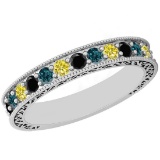 0.83 Ctw I2/I3 Multi Treated Fancy yellow,Blue,Black diamond 14K White Gold Filigree Style Band Ring