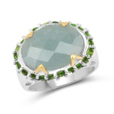 Two Tone Plated 9.12 CTW Genuine Milky Aquamarine and Chrome Diopside .925 Sterling Silver Ring