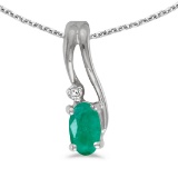 14k White Gold Oval Emerald And Diamond Wave Pendant 0.17 CTW