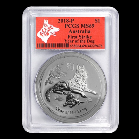 2018 Australia 1 oz Silver Lunar Dog MS-69 PCGS (FS, Red Label)