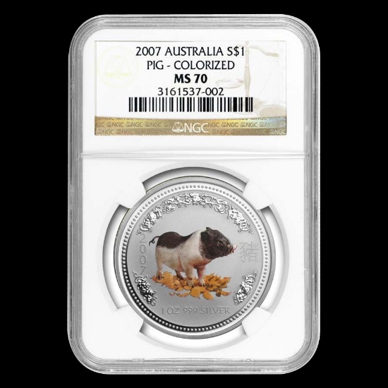 2007 Australia 1 oz Silver Pig MS-70 NGC (Colorized)